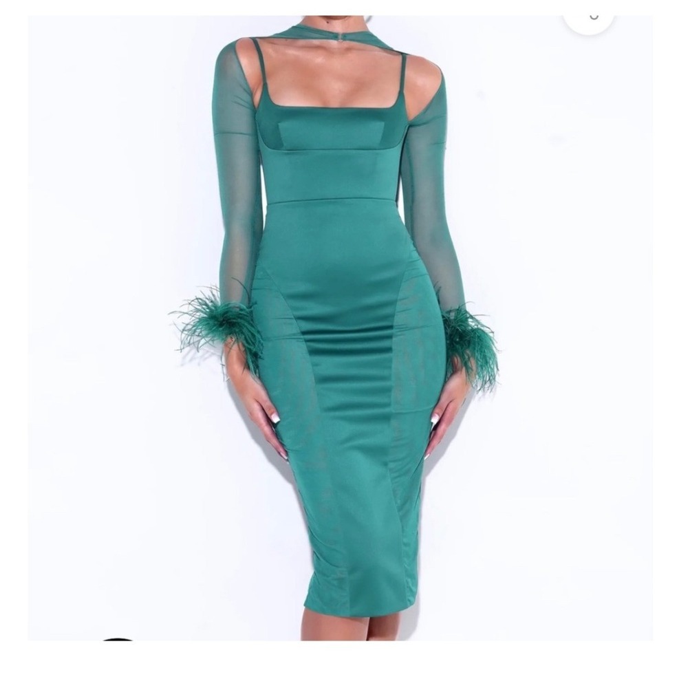 Miss Circle Emerald Green Mesh Feather Cuff Dress Choker Bodycon Old Hollywood